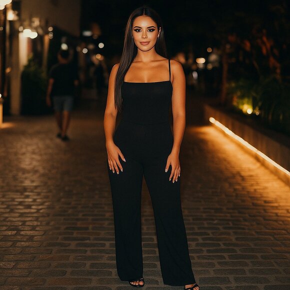 PrettyLittleThing Black Ribbed Strappy Square Neck Flared Jumpsuit Size10 - Picture 1 of 6